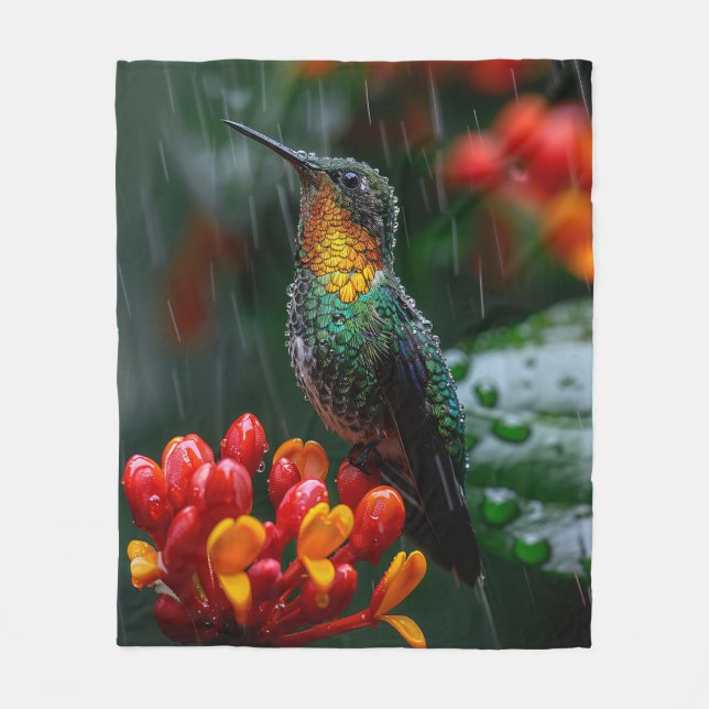 Hummingbird Perched on Bright Flower Fleece Blanket (Front)