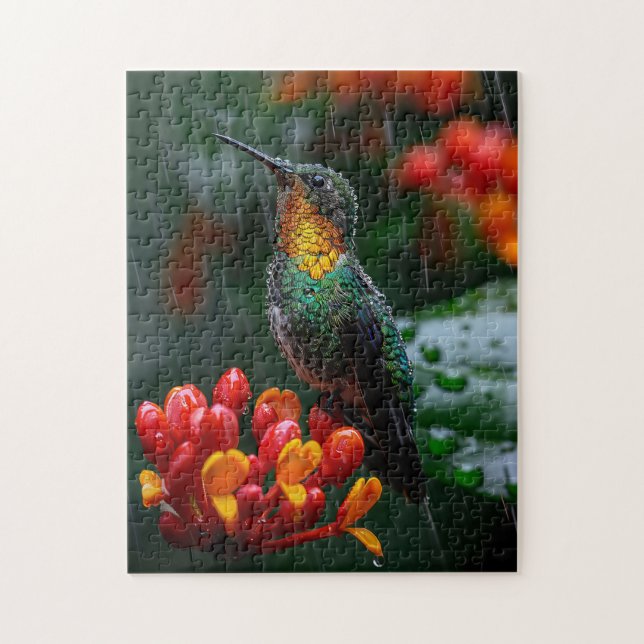 Hummingbird Perched on Bright Flower Jigsaw Puzzle (Vertical)