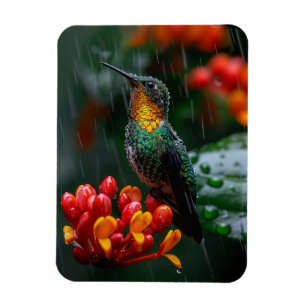 Hummingbird Perched on Bright Flower Magnet