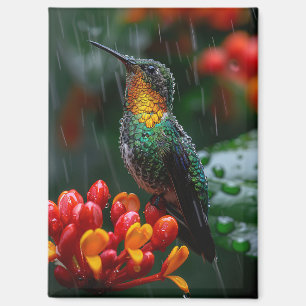 Hummingbird Perched on Bright Flower Magnet