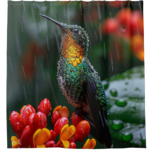 Hummingbird Perched on Bright Flower Shower Curtain