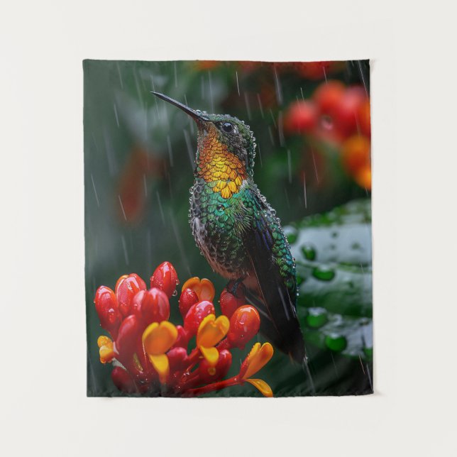 Hummingbird Perched on Bright Flower Tapestry (Front)