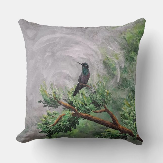 Hummingbird Perched on Leafy Branch Cushion (Front)