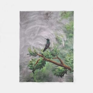 Hummingbird Perched on Leafy Branch Fleece Blanket