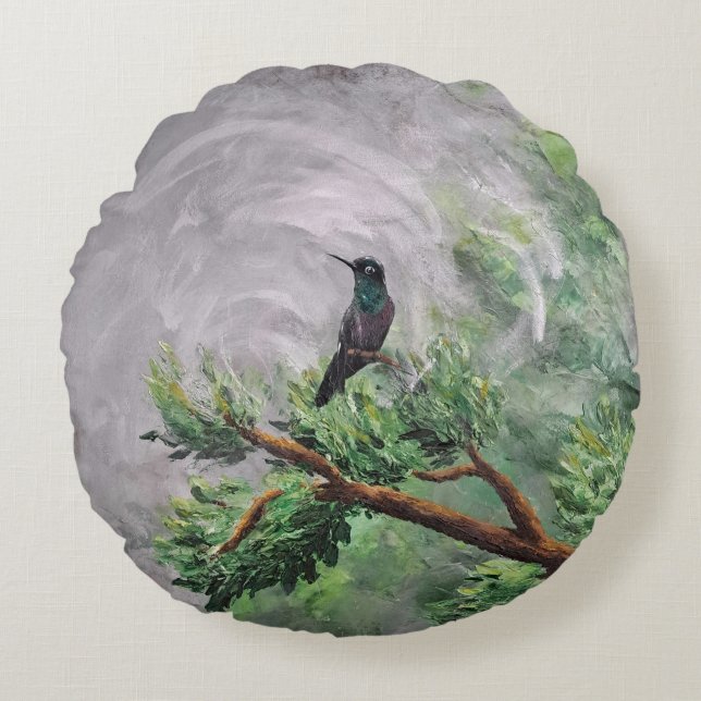 Hummingbird Perched on Leafy Branch Round Cushion (Front)