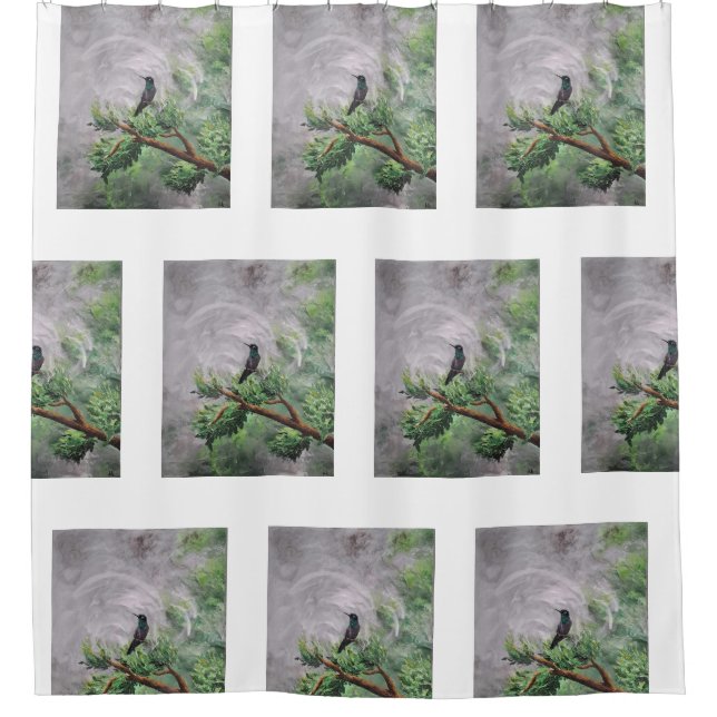 Hummingbird Perched on Leafy Branch Shower Curtain (Front)