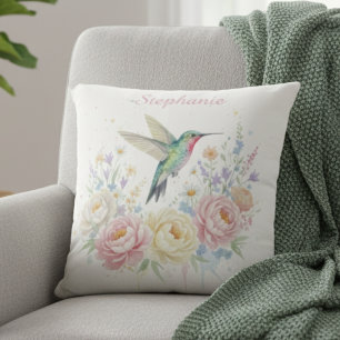 Hummingbird Pillow – Pastel Floral Watercolor Gift