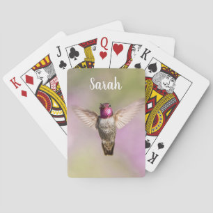 Hummingbird Pink and Purple Custom Name Playing Cards