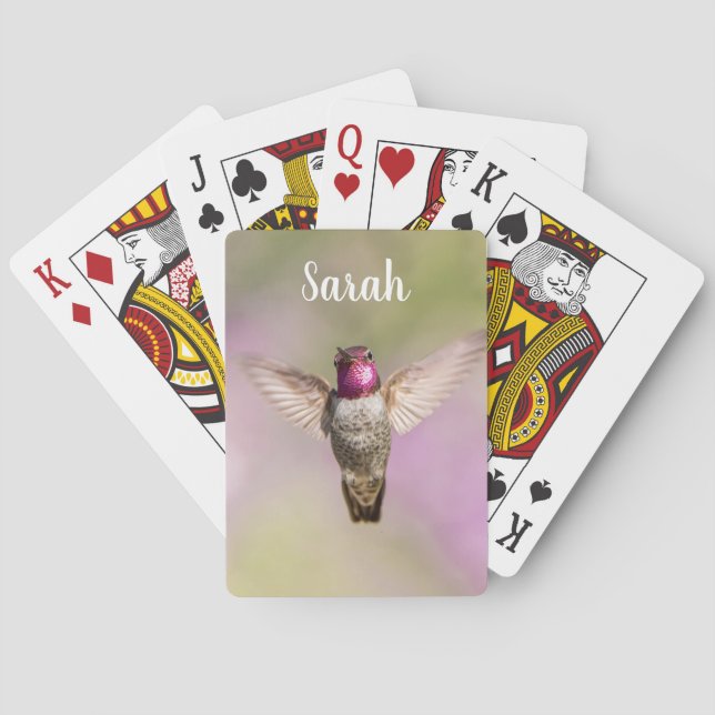 Hummingbird Pink and Purple Custom Name Playing Cards (Back)