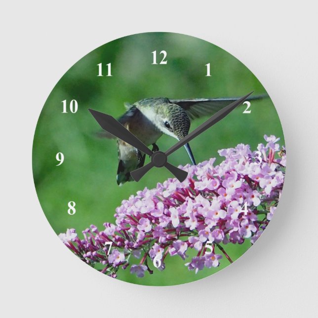 Hummingbird Pink Flowers Round Clock (Front)