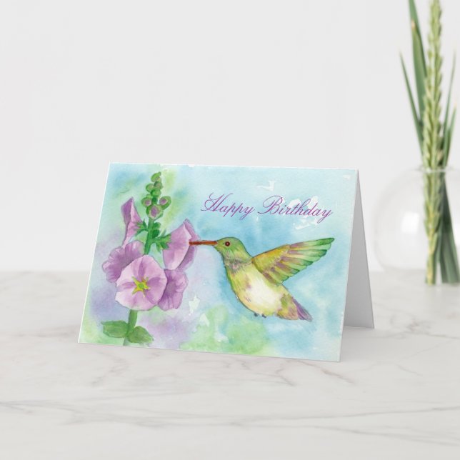 Hummingbird Pink Hollyhock Flowers Happy Birthday Card (Front)