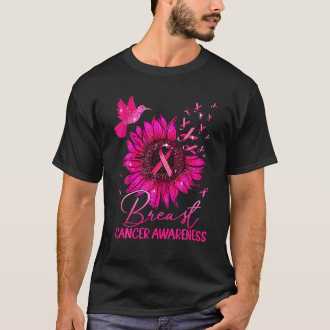 Hummingbird Pink Sunflower Ribbon Breast Cancer Aw T-Shirt (Front)