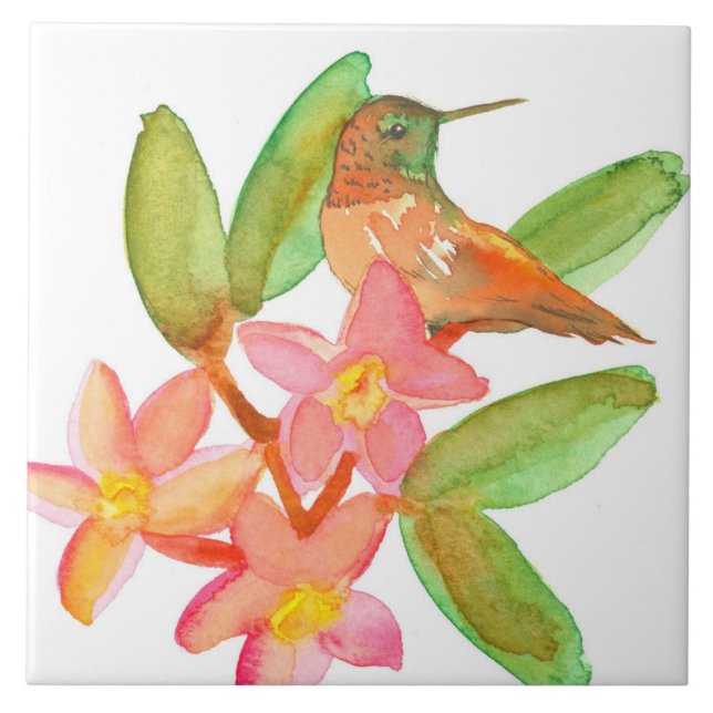 Hummingbird Plumeria Watercolor Flowers Ceramic Tile (Front)