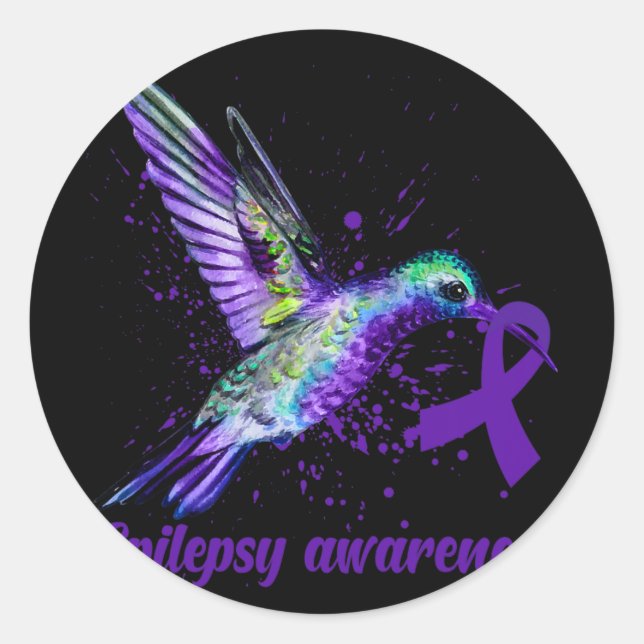 Hummingbird Purple Ribbon Epilepsy Awareness Month Classic Round Sticker (Front)