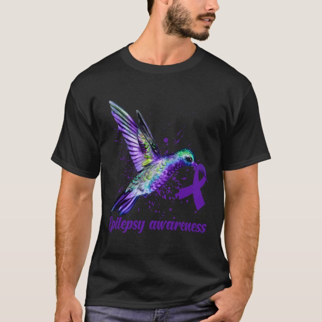Hummingbird Purple Ribbon Epilepsy Awareness Month T-Shirt (Front)