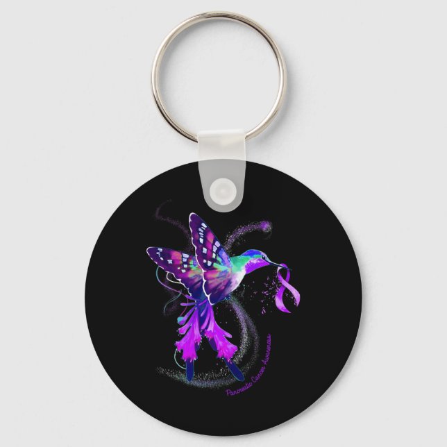 Hummingbird Purple Ribbon Pancreatic Cancer Awaren Key Ring (Front)