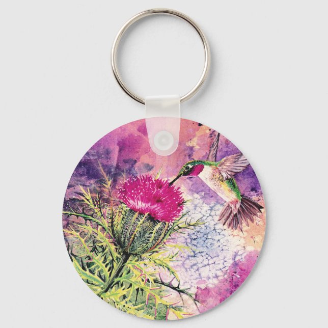 Hummingbird Purple Thistle Art Print Key Ring (Front)