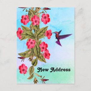 Hummingbird Red Flowers Blue Shades Background Announcement Postcard