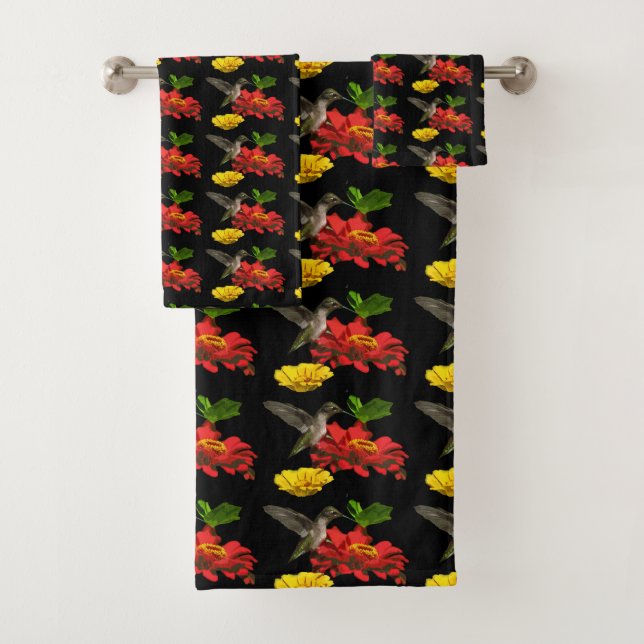 Hummingbird Red Yellow Flowers Pattern Bath Towels (Insitu)