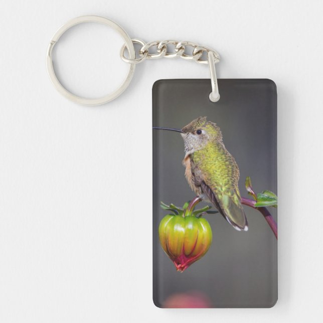 Hummingbird rests on flower bud key ring (Front)