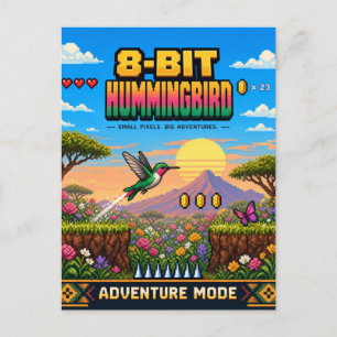 Hummingbird, Retro 8-Bit Pixel Art Postcard