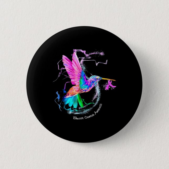 Hummingbird ribbon breast cancer awareness  6 cm round badge (Front)