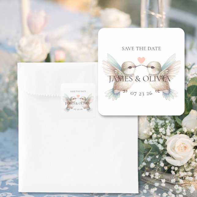 Hummingbird Romance Save the Date Wedding Square Sticker (Save the Date Wedding Themed Square Stickers)