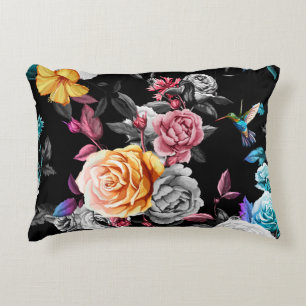 Hummingbird, roses: watercolor black background decorative cushion