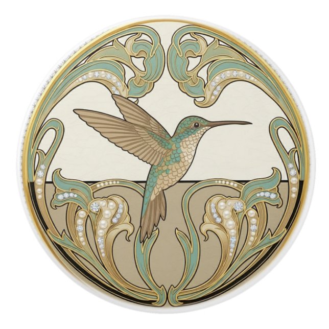 Hummingbird Sage Green & Gold Art Deco Nouveau Ceramic Knob (Front)