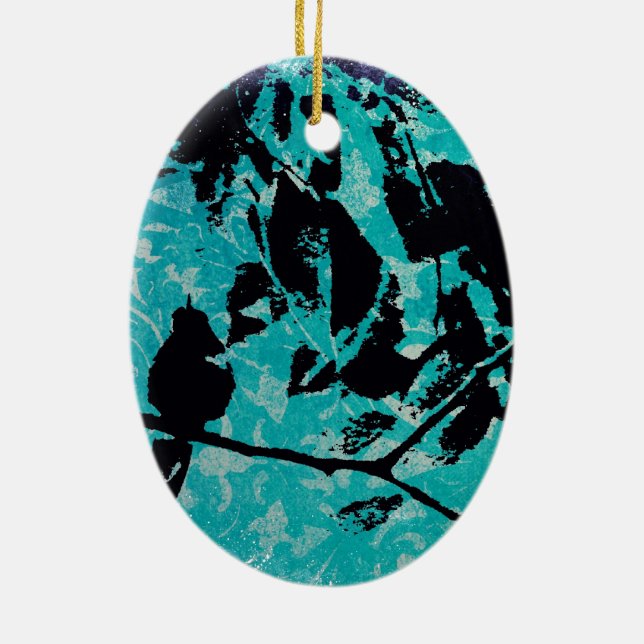Hummingbird Silhouette on Blue Grunge Background Ceramic Tree Decoration (Back)