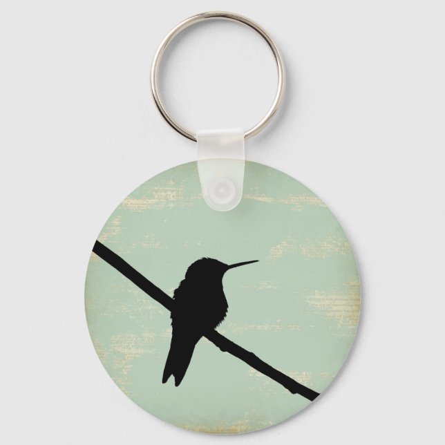 Hummingbird Silhouette on Blue Grunge Background Key Ring (Front)