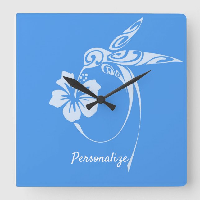 Hummingbird Simple & Elegant Blue & White Square Wall Clock (Front)