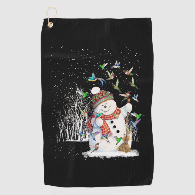 Hummingbird Snowman Merry Christmas Golf Towel (Front)