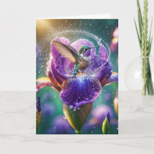Hummingbird Splashing In a Purple Iris Card