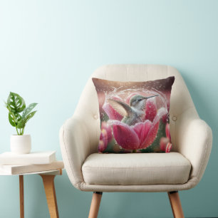 Hummingbird Splashing In a Tulip Cushion