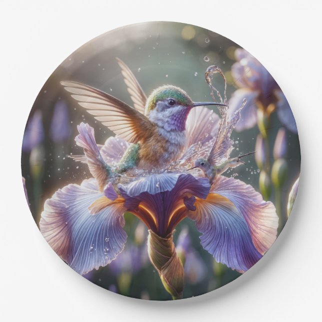 Hummingbird Splashing In An Iris  Paper Plate (Front)