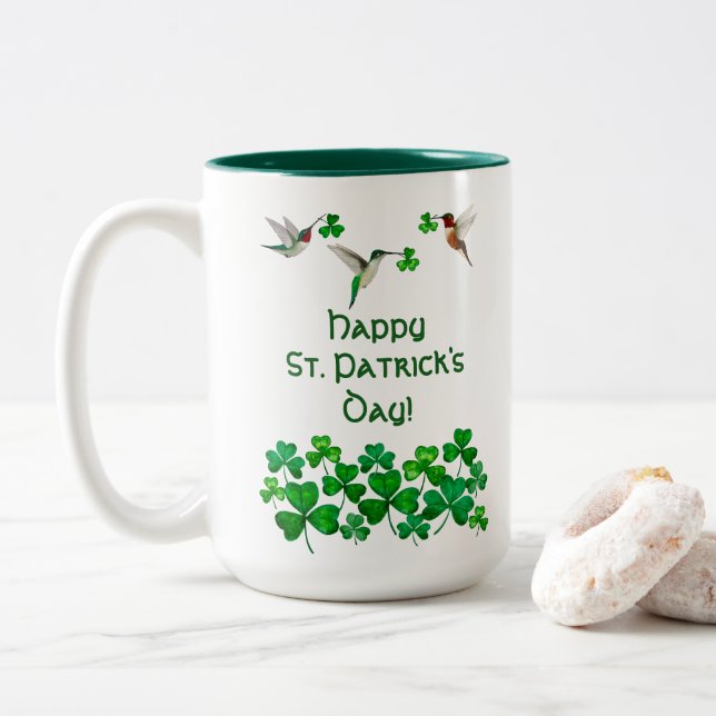 Hummingbird St. Patrick's Day Two-Tone Coffee Mug (With Donut)