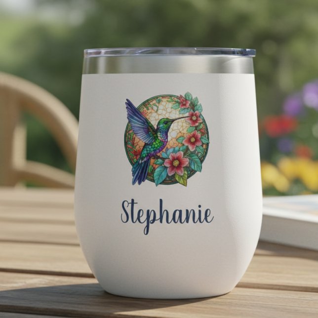 Hummingbird Stained Glass Floral Gift (Stained glass personalized floral hummingbird wine tumbler)
