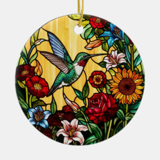Hummingbird Stained Glass Flower Ceramic Ornament