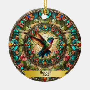Hummingbird Stained Glass Look Personalised  Ceramic Ornament