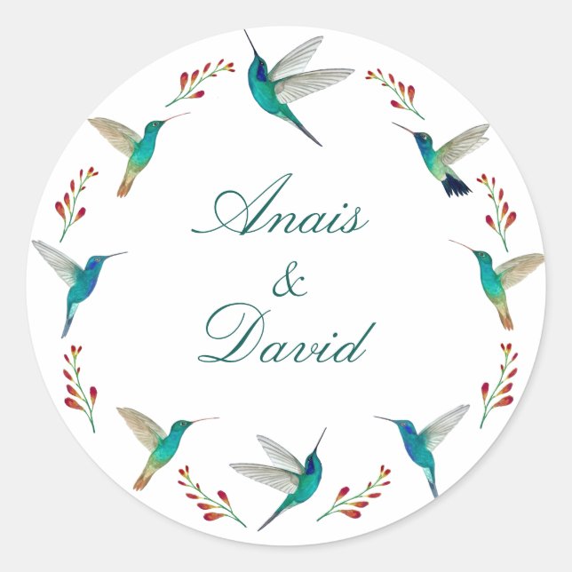 Hummingbird Summer Wedding Classic Round Sticker (Front)