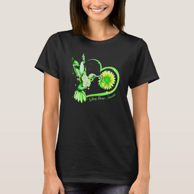 Hummingbird Sunflower Heart Green Ribbon Kidney Di T-Shirt (Front)