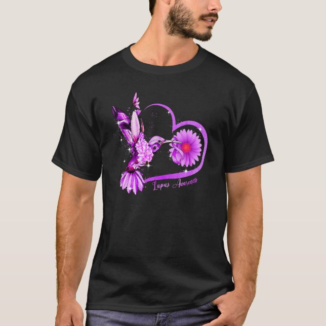 Hummingbird Sunflower Heart Purple Ribbon Lupus Aw T-Shirt (Front)