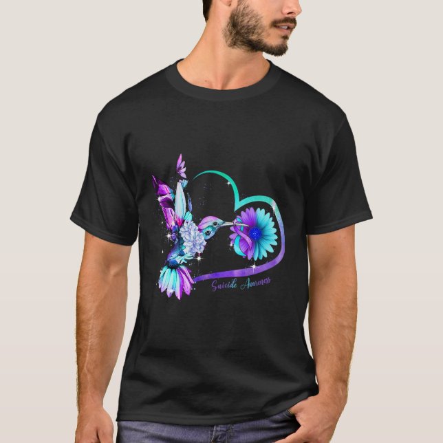 Hummingbird Sunflower Heart Purple Ribbon Suicide  T-Shirt (Front)