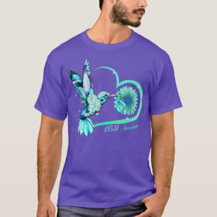 Hummingbird Sunflower Heart Teal Ribbon PTSD Aware T-Shirt