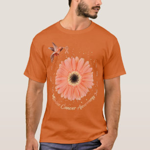 Hummingbird Sunflower Peach Ribbon Uterine Cancer  T-Shirt