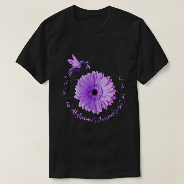 Hummingbird Sunflower Purple Ribbon Alzheimer's Aw T-Shirt (Design Front)