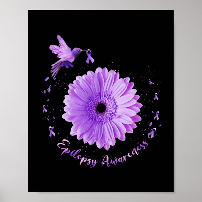 Hummingbird Sunflower Purple Ribbon Epilepsy Aware Poster (Front)