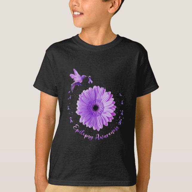 Hummingbird Sunflower Purple Ribbon Epilepsy Aware T-Shirt (Front)