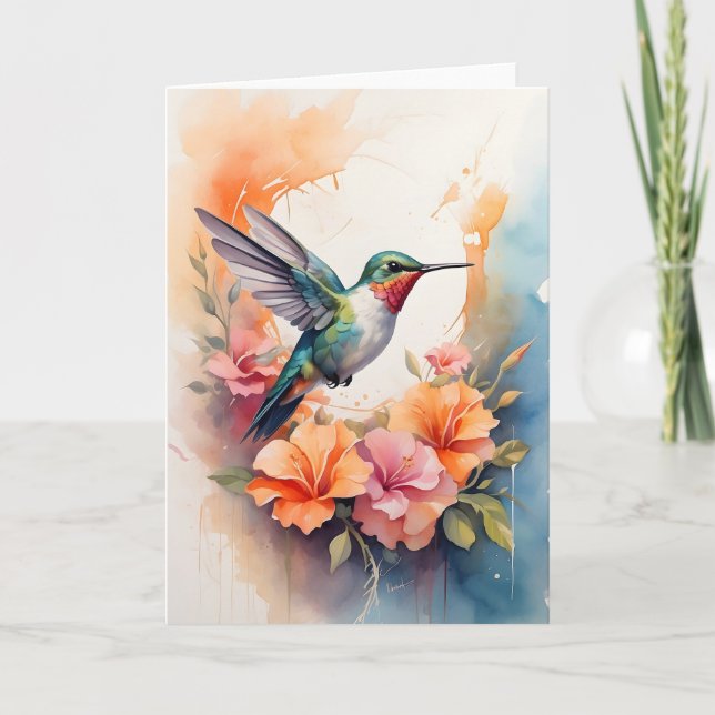 Hummingbird Surrounded by Colourful Flowers Blank Card (Front)